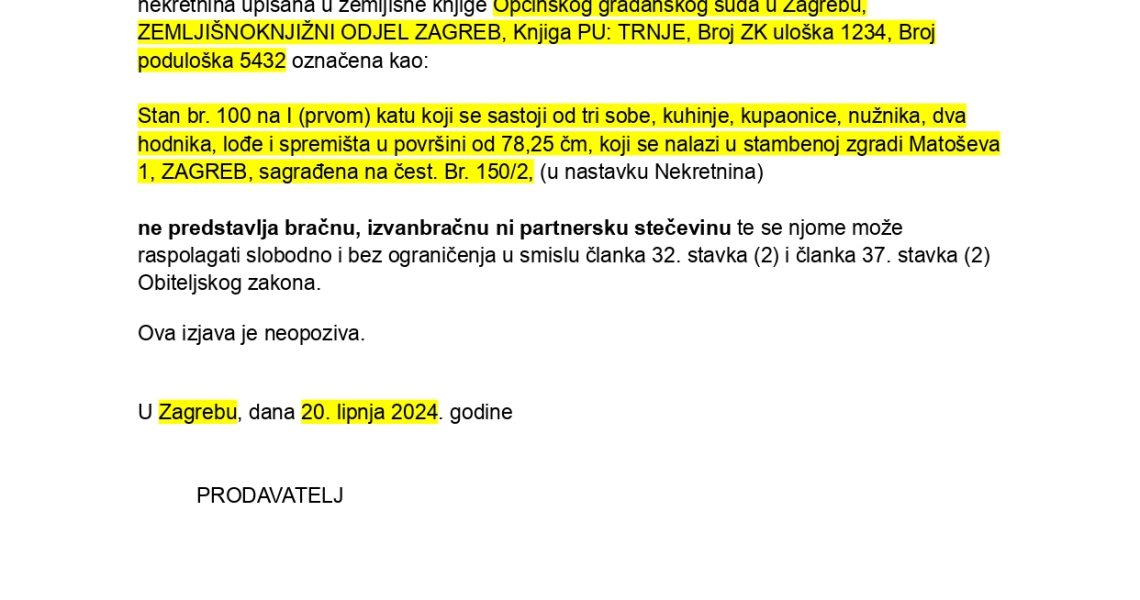 Izjava da nekretnina nije bracna stecevina