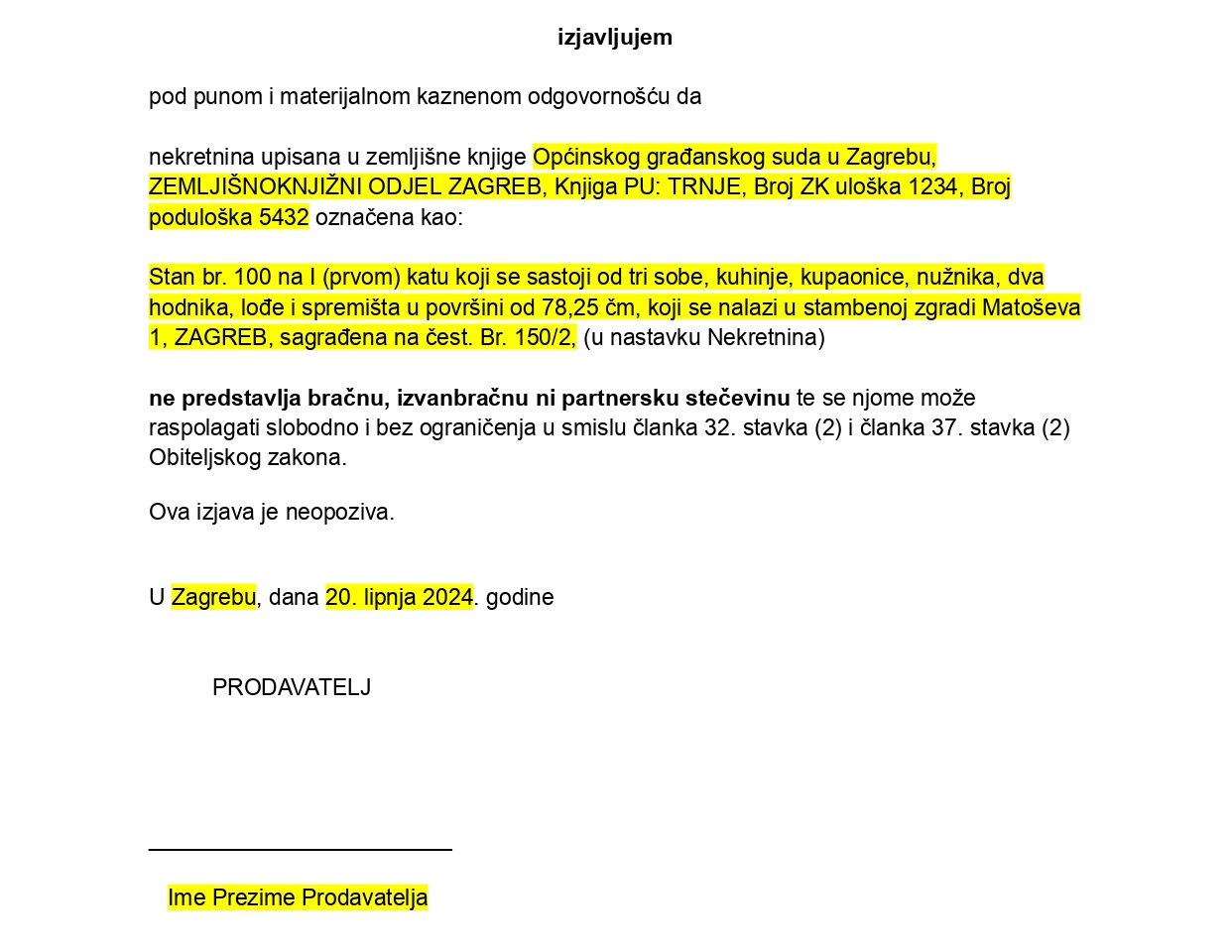 Izjava da nekretnina nije bracna stecevina