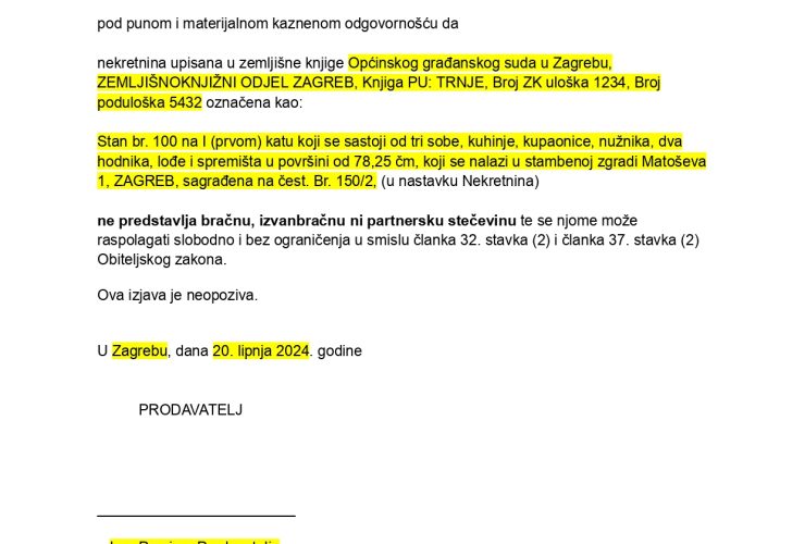 Izjava da nekretnina nije bracna stecevina